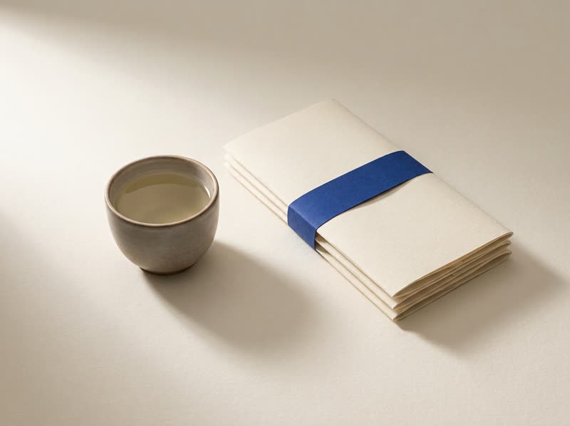 A morning coffee beside neatly folded papers bound with a blue band.