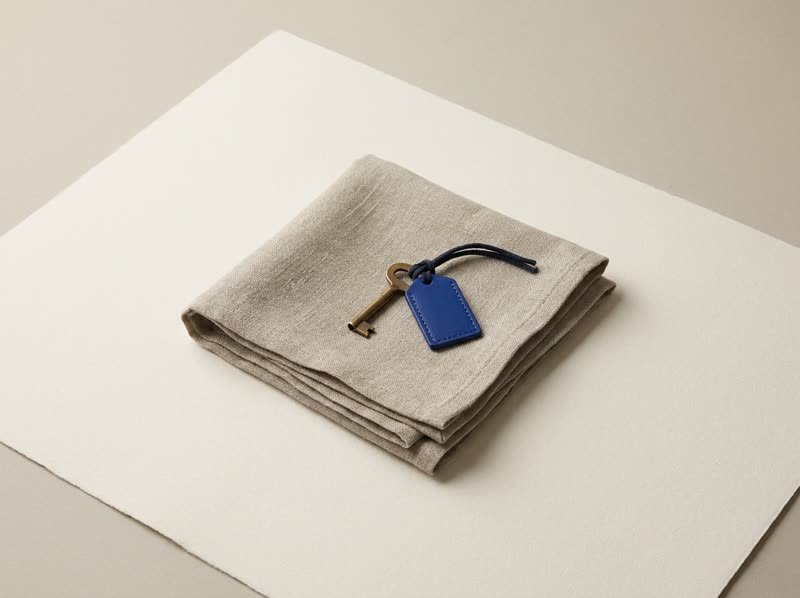 A single brass key on folded linen with a blue tag.