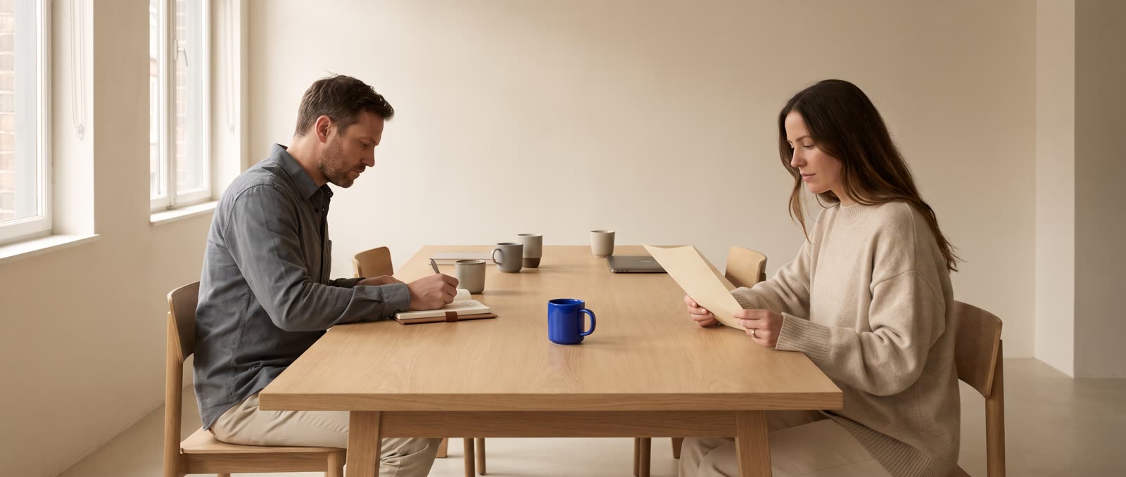 A man and a woman working calmly at opposite ends of a long wooden table in a bright room; among the neutral cups and papers, one blue mug sits between them.